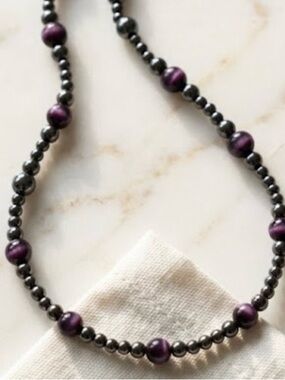 Hematite & Royal Purple Cat’s Eye Magnetic Necklace Quiet Luxury